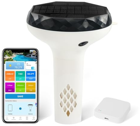 RYAKKA Solar Smart Pooltester 6-in-1 WLAN– pH, EC, ORP, TDS, Salz & Temperatur Messgerät – Schwimmender Solar Pool Wasser Tester für Pool, Whirlpool & Spa mit App Überwachung