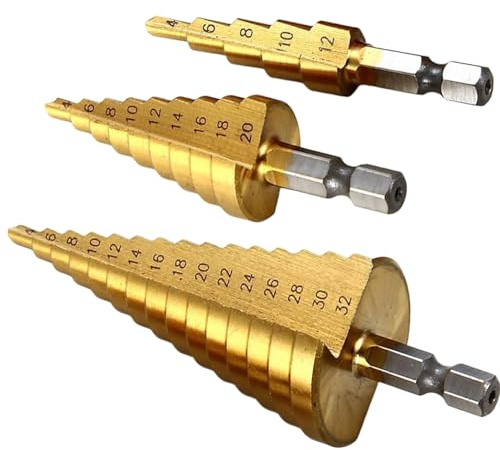 3 Pcs Large HSS Steel Step Cone Drill Bit Set – Durable Titanium Coated, 4-12mm, 4-20mm, and 4-32mm Sizes for Metal, Wood, and Plastic
