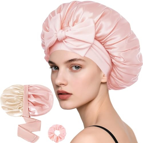 Loomify Satin Sovmössa för Kvinnor, Justerbar Dubbelsidig Satängbonnet för Hårvård med Scrunchie, Korallrosa/Champagne