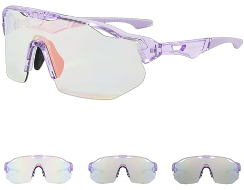 OZOKSKS Gafas de sol deportivas fotocromáticas para hombres y mujeres, gafas de seguridad para ciclismo, protección UV400, Marco morado y lente rosa, talla única