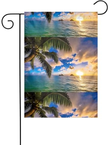 Gartenflagge, 30,5 x 45,7 cm, WHJSHOP Tropische Hawaii-Palme, Ozean, Meer, Sonnenuntergang, Drucke, Gartendekoration, dick, knitterarm, für Außenbereich, Garten, Rasen, Terrasse