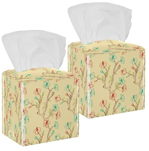 2PCS Square Tissue Box Cover, Japanese Style Floral Cherry Tree Leather Tissue Case Facial Paper Organizer Dispenser for Vanity Toilet Tank Dresser Night Stand Table Countertop Office Car
