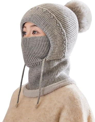 Generisch Mütze und Schal Set Damen Winter Warm Sturmhaube Halswärmer-Sets Damen Wintermütze Flexible Strickmütze mit Balaclava Sturmhaube Warm Schalmütze Fleece Frauen