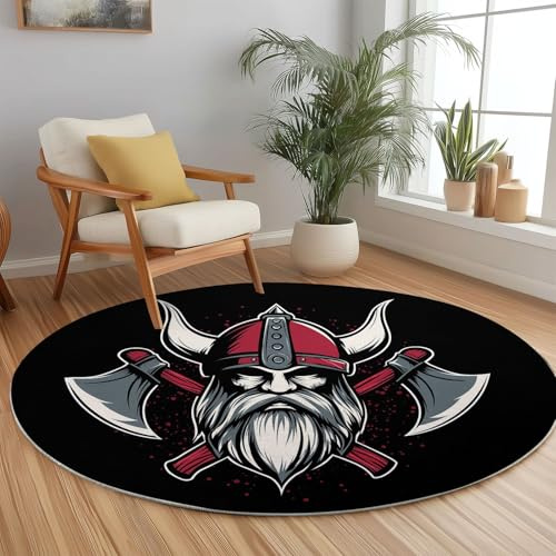 Black Round Rugs Living Room 100cm, Minimalist Area Rugs Machine Washable Non-Slip Carpet Low Pile Non-Shedding, Helmet Axe Printed Design Dining Room Bedroom
