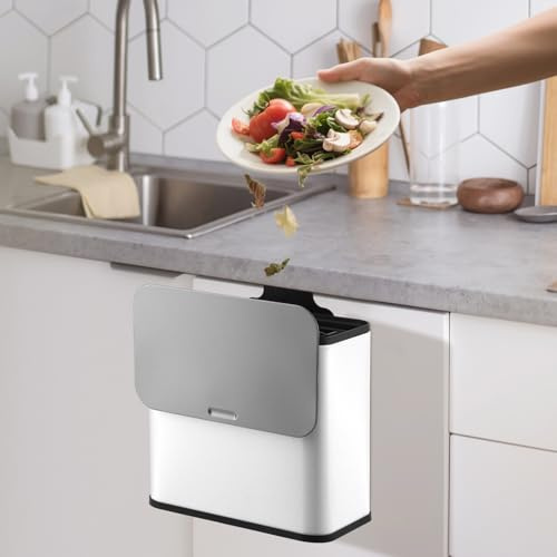 MilleLoom Kitchen Compost Bin for Countertop or Under Sink, 1.3 Gallon Stainless Steel Hanging Trash Can with Lid, Small Compost Caddy Metal Waste Bin for Bathroom Bedroom RV, White