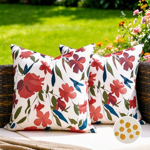 Kissenbezüge 40x40 cm Wetterfest Outdoor Sommer Kissenhülle Rote Blüten Grüne Blätter Kissen Dekorative Sofakissen Couchkissen Dekokissen Zierkissenbezüge Wohnzimmer Garten Sofa Couch Deko 2er Set
