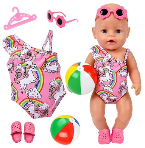 Simningsset för 35–43 cm babydockor, 5 stycken baddräktskläder med 1 baddräkt, 1 tofflor, 1 klädhängare, 1 uppblåsbar boll, 1 glasögon, dockklädesset för födelsedagspresent barn
