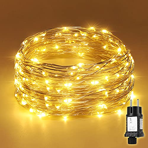 SALCAR 20m Kupfer Draht Lichterkette Innen Außen, 200er LED Weihnachtsdeko Kupferdraht 4,5V Strom mit 8 Modi und Speicherfunktion, Warmweiß