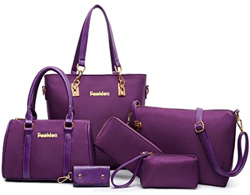 FiveloveTwo Damen Nylon 6-teiliges Schultertaschen Set Shopper Umhängetasche Geldbeutel Tote Taschen Henkeltaschen Clutches Geldbörsen Schlüsselhalter Shoulder Bag Lila