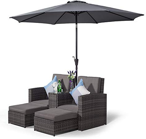 Giardino Nevada 2 Seater Garden Sofa Recliner Rattan Sun Lounger with Footstools, Table, Parasol & Cover, Outdoor Patio Conservatory Furniture (Fully Assembled), Grey