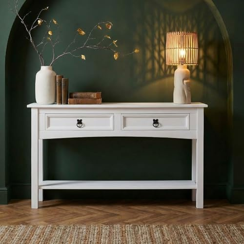 IDIMEX Console Rural Meuble Style Mexicain avec 2 Tiroirs et 1 Étagère, Table Console Blanche Fabriquée en Pin Massif, Poignées en Métal, Finition Lasurée Blanche