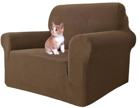 MAXIJIN 1 Stück Super Stretch Stuhlhusse für Wohnzimmer Universal Stuhlbezug mit Armlehnen, Jacquard Spandex Stuhlbezug für Hunde Haustiere (1-Sitzer, Braun)