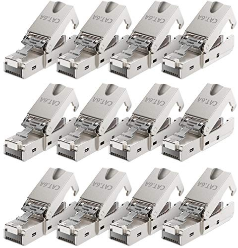 deleyCON CAT 6a Netzwerkstecker RJ45 LSA, geschirmt, 10 Gbit/s, 12 Stück | Mit LSA Anschluss für starre Verlegekabel, LAN Kabel, Netzwerkkabel, CAT6a Stecker und Metallgehäuse