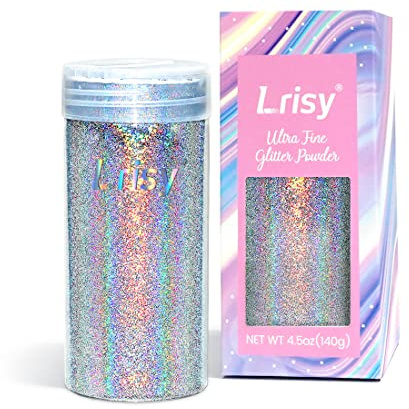 Lrisy holografisches, extrafeines Glitzerpulver mit Shakerdeckel, Bastelglitzer-Pailletten für Epoxidharz, Schleim, Tumbler, Nagel- und Malkunst, 140 g (ultradünn, holografisches Silber)