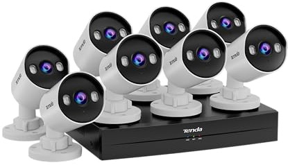 Tenda Kit di Telecamere di Sorveglianza PoE per Esterni, 8 Telecamere CCTV da Esterno da 4 MP + NVR, Supporta HDD fino a 10 TB (HDD non Incluso), Videosorveglianza 24/7, Rilevamento AI