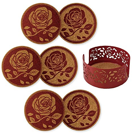 Mango Steam Set of Six Rose Decorative Coasters For Drinks & Mugs With Metal Holder, Red
