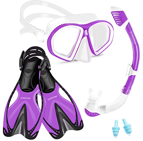 Supertrip Juego de esnórquel infantil de 3 piezas, set de esnórquel con aletas, gafas de buceo con cristal templado, aletas ajustables, tubo de secado premium para niños junior
