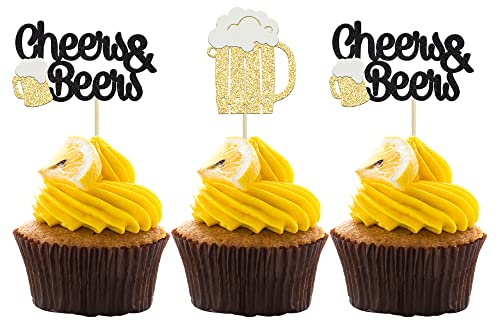 Gyufise 24 Stück Cheers and Beers Cupcake Toppers Black Glitter Beer Mug Cupcake Picks Baby Shower Birthday Beers Festival Mottoparty Cake Decorations Supplies