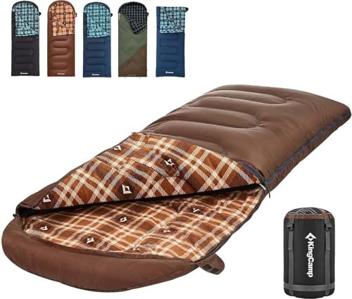 KingCamp Cotton Flannel Sleeping Bag, Big and Tall Sleeping Bags for Adults Cold Weather, Zip Together for 2P Sleeping Bag for 3 Season, Lightweight, Water Resistant for Family Camping Backpacking