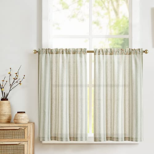VANGAO Randig gardin, linne, randig, bistrogardin, halvtransparenta fönstergardiner, köksgardin, kort fönstergardin för vardagsrum, litet fönster, lantställe grön, 65 x 90 cm (B x H) 2 stycken