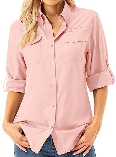 Asfixiado Camicia da donna con colletto UV UPF 50+ Abbigliamento da safari Camicia da trekking da donna per attività all'aperto, raffreddamento, asciugatura rapida, protezione solare, maniche lunghe