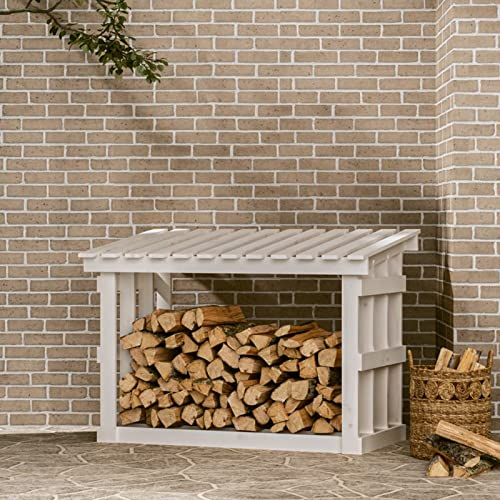 CIADAZ Kaminholzregal, Holzunterstand, Holzstapelhilfe, Aufbewahrung Holz, Holzregal, Brennholzregal Außen, Kaminholz Aufbewahrung, Weiß 108x64,5x77 cm Massivholz Kiefer