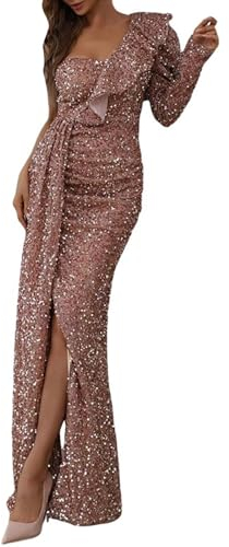 boseucn Abendkleider Glitzer Lang, Pailletten Kleid Damen Eine Schulter Langarm Partykleid Glitzer Abendkleider Sexy Schlitz Abendkleid Cocktailkleid Kleider Paillettenkleid Maxikleid
