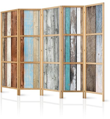 murando - Paravent Raumteiler Holz Botanik Abstrakt, 225x172 cm, 5-teilig | Mobiler Sichtschutz, sofort einsatzbereit, Holzrahmen, ideal fürs Wohnzimmer oder Büro, geruchsneutral, lichtbeständig