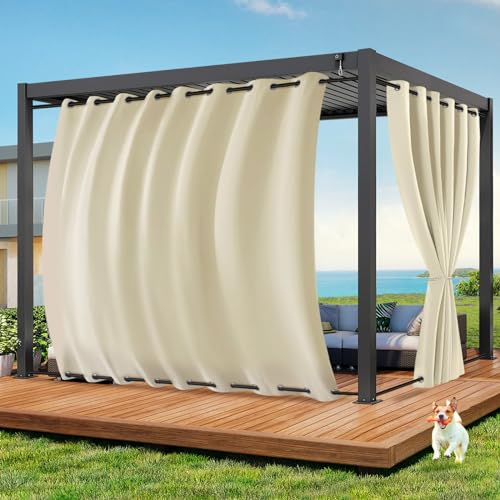 Qelus Vorhang Outdoor Wetterfest B254xH243CM, Wasserdicht Outdoorvorhänge mit Ösen, Aussen Gardinen Winddicht Sonnenschutz Sichtschutz für Garten Terrasse Balkon Pergola Pavillon (Beige)