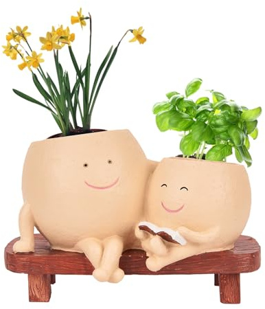 e-YiHESZ Lächelndes Gesicht Blumentopf, Harz Blumenkopf, Innen- und Außenstühle, Saftiger Blumentopf, Kreative Geschenke für Mama und Papa (1pcs Typ2)