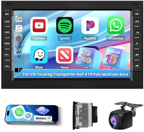 [2G+64G] Hikity Autoradio Navi Für VW T5 Golf 4 Passat B5 Jetta EOS Polo Android 13 Wireless Carplay 7 Zoll Bildschirm Radio mit Android Auto GPS WiFi Rückfahrkamera FM RDS DSP SWC Bluetooth MIC