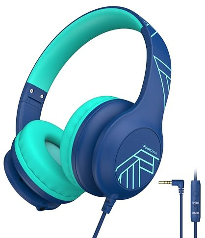 PowerLocus Kids Headphones, Kids Headphones Wired with Microphone, 85/94dB Safe Volume Limit, Over Ear, 3.5mm Jack, Music Sharing Function, Foldable Childrens Headphone for School/Tablet/Travel, Blue