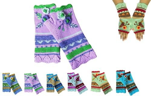YAQUEKOU Handgestickte Armstulpen Damen Winter Fingerlose Handschuhe Blumen Stickerei Stulpen Damen Hände Handstulpen Pulswärmer Handschuhe Strick Winterhandschuhe Gestrickte Fingerlose Fäustlinge