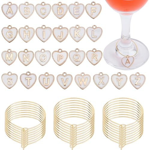 PH PandaHall 26 Sets Wine Charms for Stem Glasses Cup Tags with Rings Heart Enamel Charms White Letters Glass Charm Goblet Drink Markers Tags for Cocktail Champagne Party Favors Wedding Decorations