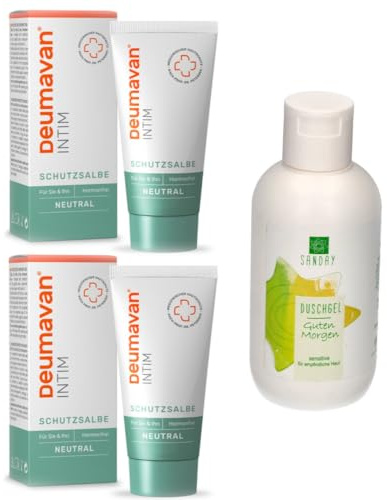 DEUMAVAN Schutzsalbe Neutral Doppelpack Tube 2x 50ml Schutzsalbe für den Intimbereich inklusive SANDAY DUSCHGEL Guten Morgen 100 ml