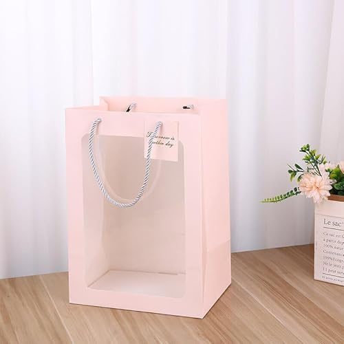 Nvzi Transparente Geschenktüten zum Muttertag, mit Fenster, Blumenstrauß, Geschenktüten mit Griff, Schulabschluss, Papiertüten, Blumenbeutel für Hochzeit, 35,1 x 24,9 x 15 cm, Rosa, 12 Stück
