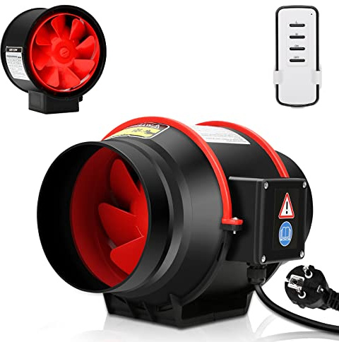 Daromigo 150mm Rohrventilator Regelbar 540m³/h Abluftventilator,Leise Rohrlüfter mit kabelloser Fernsteuerung,Kanalventilator für Badezimmer,WC, Wachstumszelte,Hydrokulturen,Belüftung(Schwarz Rot)
