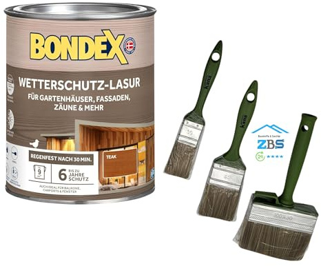 zbs24 Bondex Wetterschutz Lasur für alle Holzoberflächen, UV-Schutz und Wetterschutz bis zu 6 Jahre, wasserbasiert, tropfgehemmt, inkl. 3-teiligem Pinselset (eiche hell, 0,75 Liters)