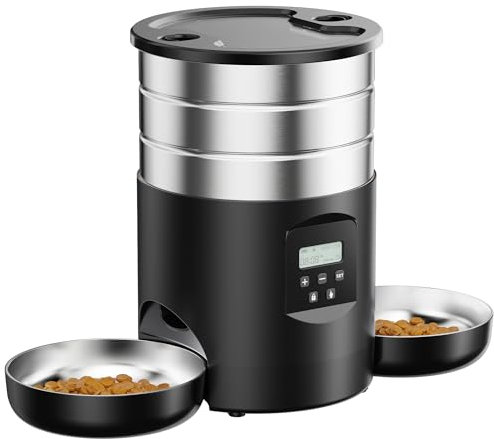 Distributore Automatico Cibo Gatti Doppio: Dispenser Crocchette Gatto Acciai Inossidabili - Erogatore Cibo Cani con Timer Programmabile - 5L Dosatore Crocchette - Mangiatoia Automatica con 2 Ciotola