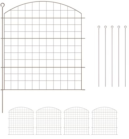 Relaxdays Teichzaun, 5 Zaunelemente, je HxB: 78 x 75 cm, Oberbogen, zum Stecken, Metall, Garten, Pool, Beetzaun, braun