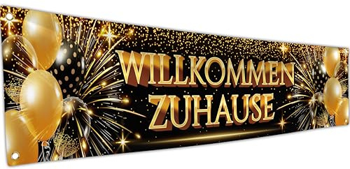 Willkommen Zuhause Banner 180 x 40 cm – Herzlich Girlande – Zurück Deko – Lebendiger Digitaldruck – 110 Den Polyester – Doppelnaht (Schwarz & Gold)