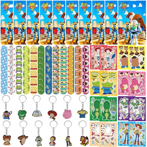 yumcute 50 Pcs Mitgebsel Kindergeburtstag Set, Party Favor Spielzeug DIY Aufkleber Schlüsselschnalle Schnapparmband Kinder Geburtstagstüten Geburtstag Deko Goodie Bag Füllstoffe für Mädchen Jungen