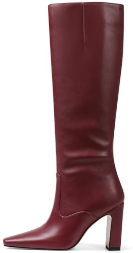 Lovee Cosee Red Leather Knee High Boots for Women 2025 Heeled Boots for Women Chunky Block Heel Square Toe Burgundy Fall Tall for Christmas Parties Date Night Winter Outfits Fashion Trendy Size 7.5