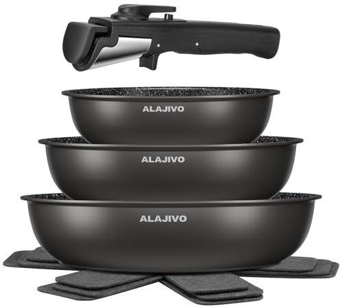 Pfannenset mit Abnehmbarer Griff, Pfanne Induktion, Bratpfanne mit Antihaft beschichtung, 7-Teiliges, 20+24+28 cm Platzsparend Pfannen, Pfannen Set für alle Herdarten, Spülmaschinen (schwarze)