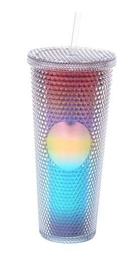 Tomotato Vaso con Palo, Taza de Tumbler Mate de 24oz Totalmente Studded Taza de Viaje Taza de Plástico Reutilizable con Tapa de Apertura Amplia (Multicolor transparente)