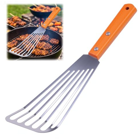 Fischwender, Fischspatel, Pfannenwender Edelstahl mit Schlitzen, Pfannenwender aus rostfreiem Edelstahl, hitzebeständiger mit Holzgriff, Abgeschrägtes Design zum Wenden, Braten und Grillen