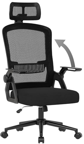 rattantree Ergonomic Office Chair, Desk Chairs with Headrest, Height Adjustable Computer Executive Work Chair, Swivel Mesh Chair with 90° Flip-up Armrest & Lumbar Support for Home/Office-Black