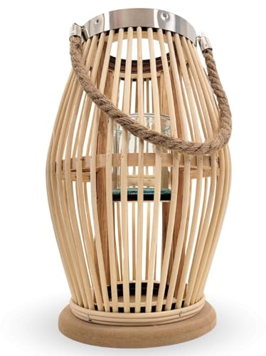 ZOLTA Großer Bambus Lampion XXL Natur Boho Laterne aus Holz und Glas mit Jutegriff Handgefertigte Garten Deko Laterne für Terrasse Balkon Wohnzimmer Innen Außen Kerzenhalter
