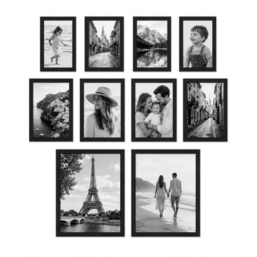 Hanging Picture Frames - Set of 10 | Black Photo Frame 3 Sizes | Wall Mountable or Free Standing | Vertical or Horizontal | Photo Wall Display | Pictures for Hallway | Includes 6x4, 7x5 and 10x8 Inch