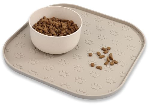 Quadratische Napfunterlage für Hund Katzen, hundenapf unterlage fressnapf Hund Futtermatten aus Silikon wasserdichte rutschfeste Fressnapf mit Rand, Spülmaschinenfest (Beige, 28 x 28 cm)